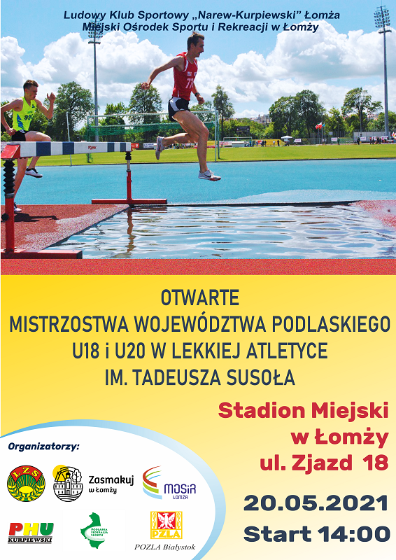 plakat mistrzostwa województwa podlaskiego U18 U20 w lekkiej atletyce im. Susoła