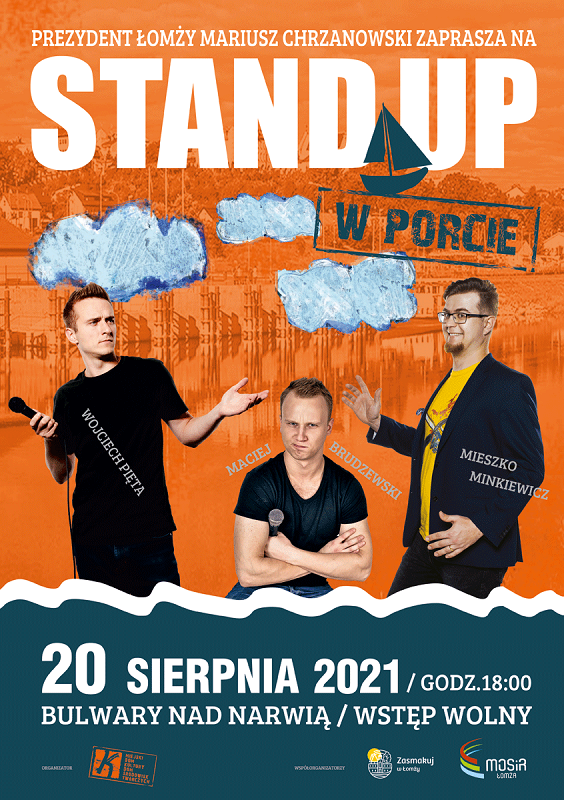 plakat promujący wydarzenie stand up na bulwarach łomżyńskich, postacie tzrech komików