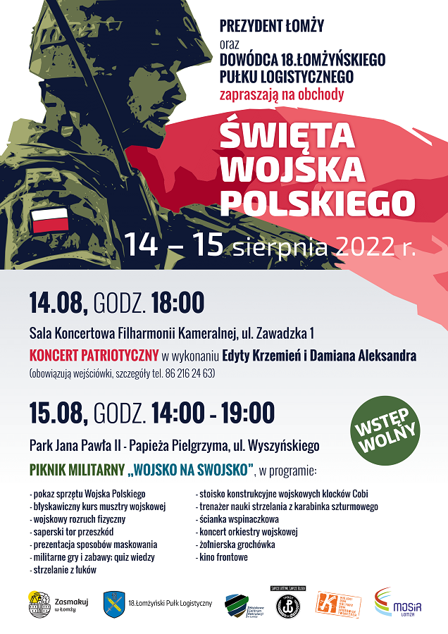 plakat z harmonogramem ochodów  Świeta Wojska Polskiego, grafika żołnierz