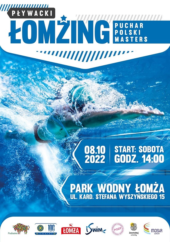 plakat informujący o zawodach Puchar Polski Masters w pływaniu, pływak nurkujący w wodzie, logotypy