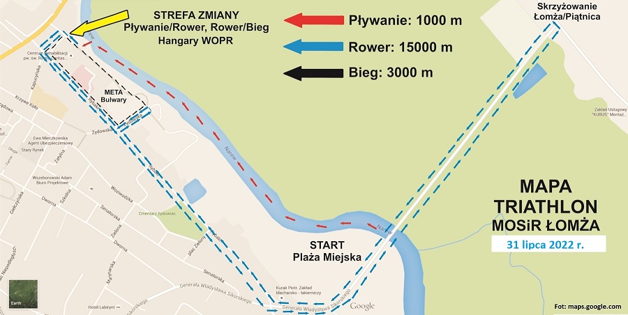 grafika przedstwiająca mapę traithlonu, od plaży miejskiej, wzdłuż bulwarów nad rzeką Narew
