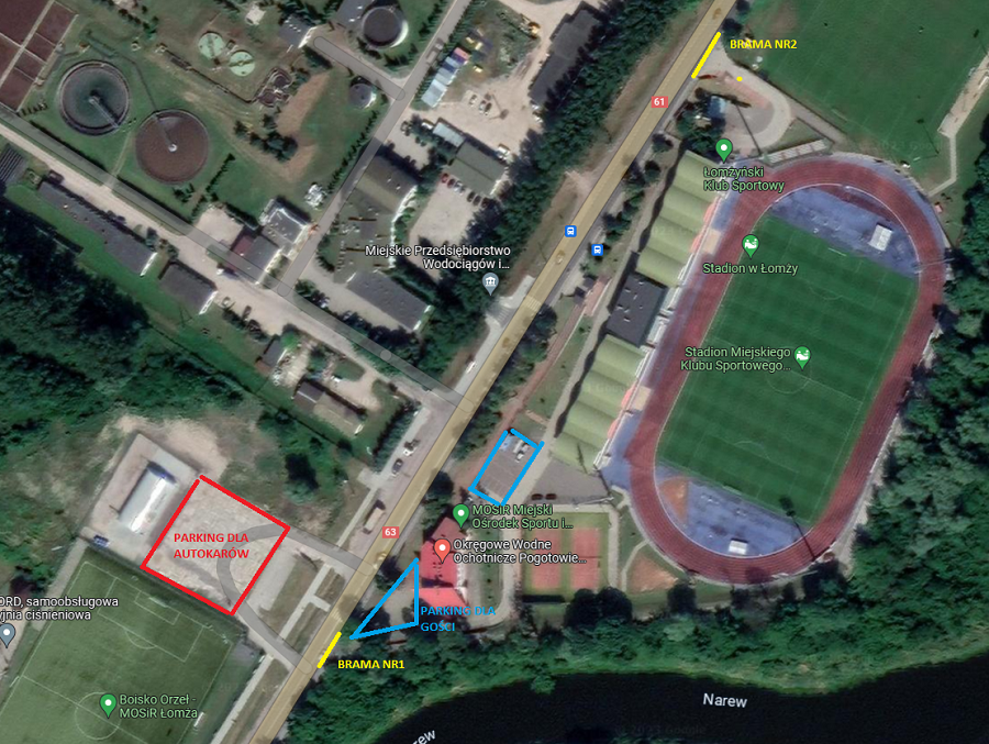 zdjęcie rzut z góry z google.map stadion, ulica, zoanzcenie parkingów