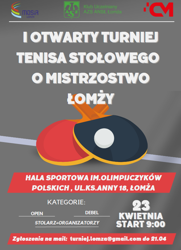 plakat zachęcający do udziału w zawodach tenisa stołowego, grafika rakietki, piłeczka
