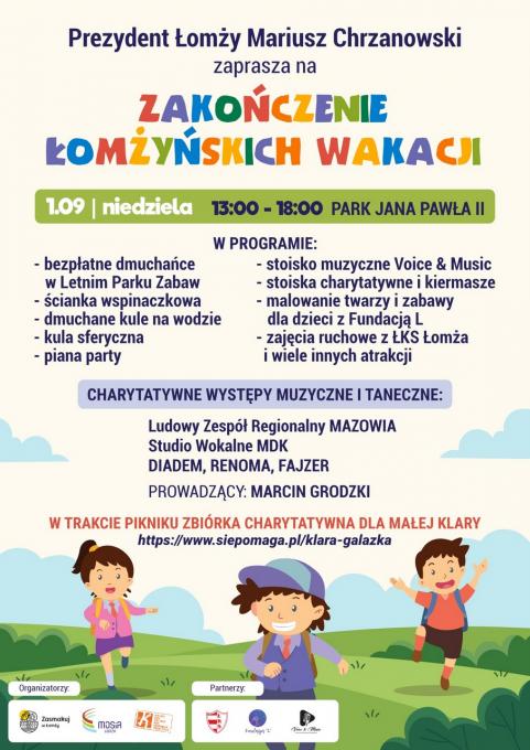 plakat zachęcający do udziału w zakończeniu wakacji, grafika dzieci na tle zieleni