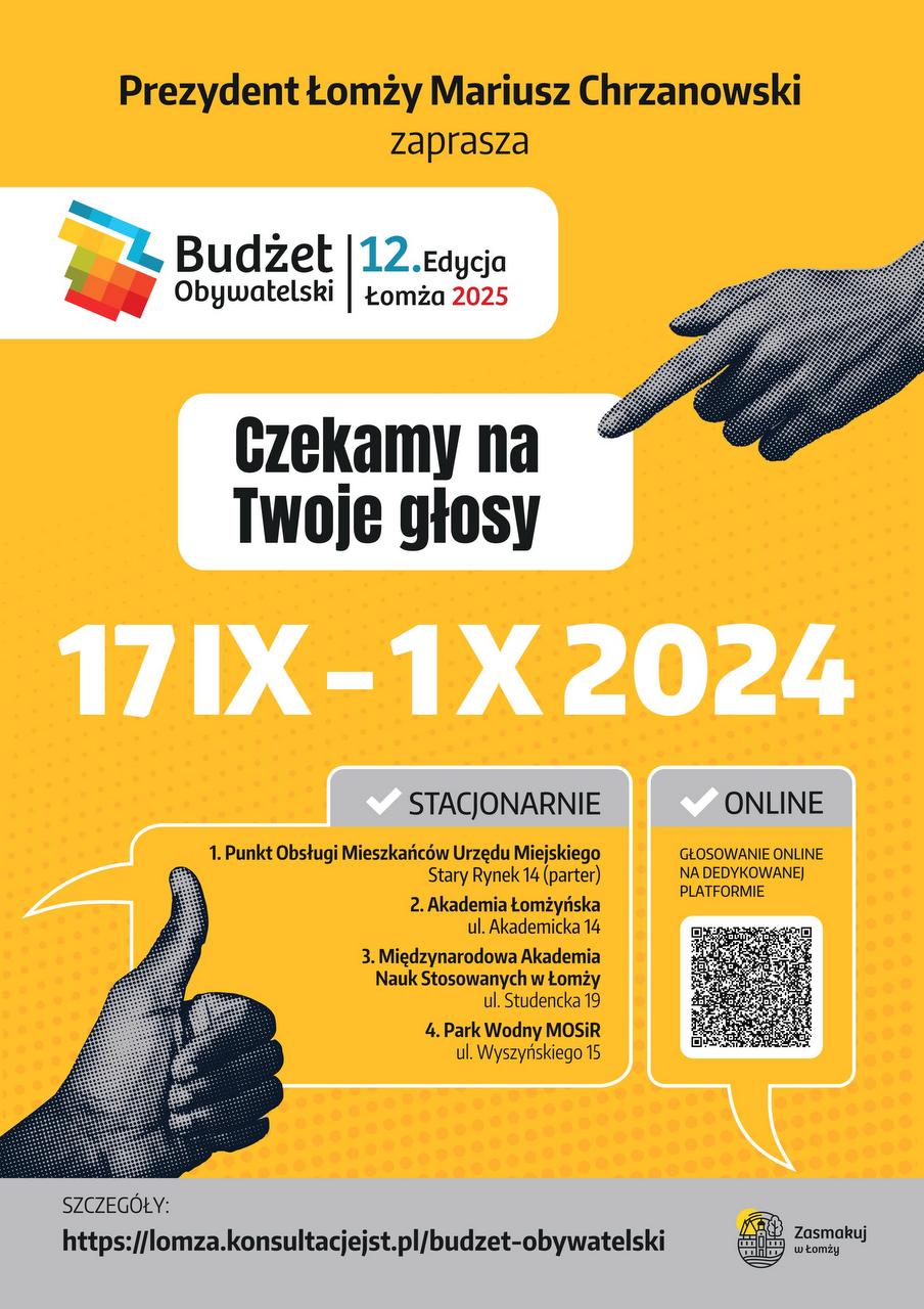 plakat zachęcający do głosowania na zadania w budżecie obywatelskim, grafika dłoni z kciukiem do góry