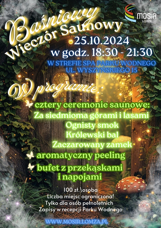 Plakat przedstawiający informację o Baśnowym wieczorze saunowym.