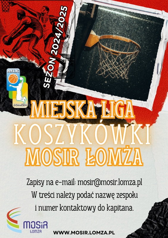 plakat zachęcający do udziału w nowym sezonie Miejskiej Ligi Koszykówki, grafika kosz i zawodnicy grający