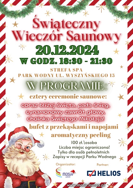 plakat zachęcający do udziału w wieczorze saunowym, grafika święty mikołaj