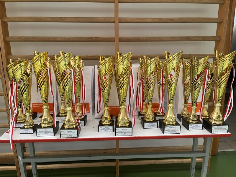 Zdjęcie przedstawia puchary, medale i nagrody przeznaczone dla zwycięzców turnieju tenisa stołowego.