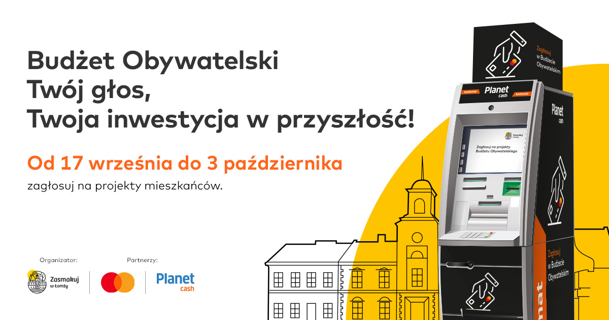 Grafika budynek ratusza w Łomży i bankomatu, zachęcenie do oddania głosu w Budżecie Obywatelskim 