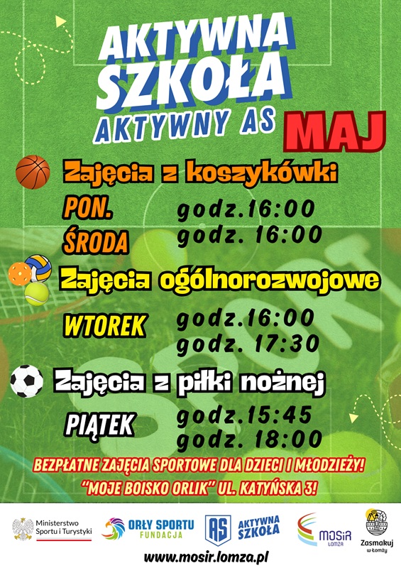 Plakat przedstawia informacje dotyczące zajęć z Aktywnej Szkoły- Aktywnego ASa. Plakat jest zielony i posiada loga sponsorów programu.