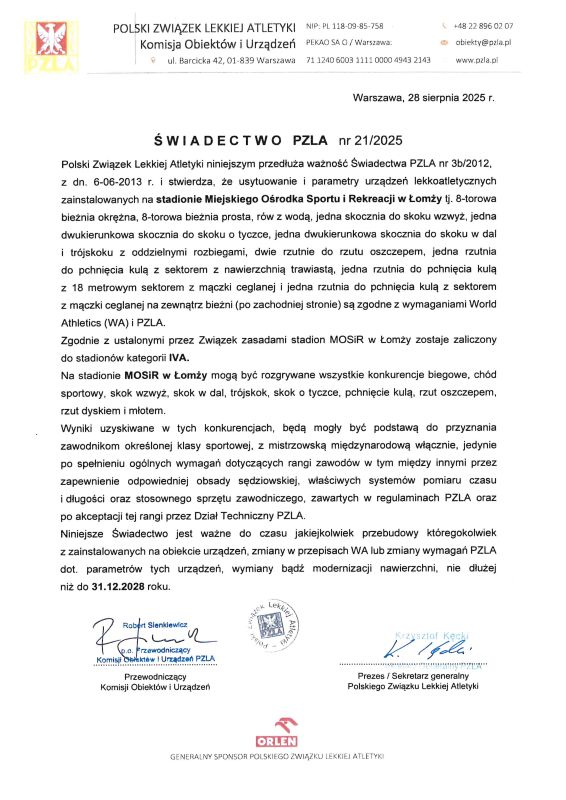 Świadectwo PZLA nr 21/2025 wydane przez Polski Związek Lekiej Atletyki informujące, że stadion miejski przy ulicy Zjazd 18 w Łomży został zaliczony do kategorii IVA