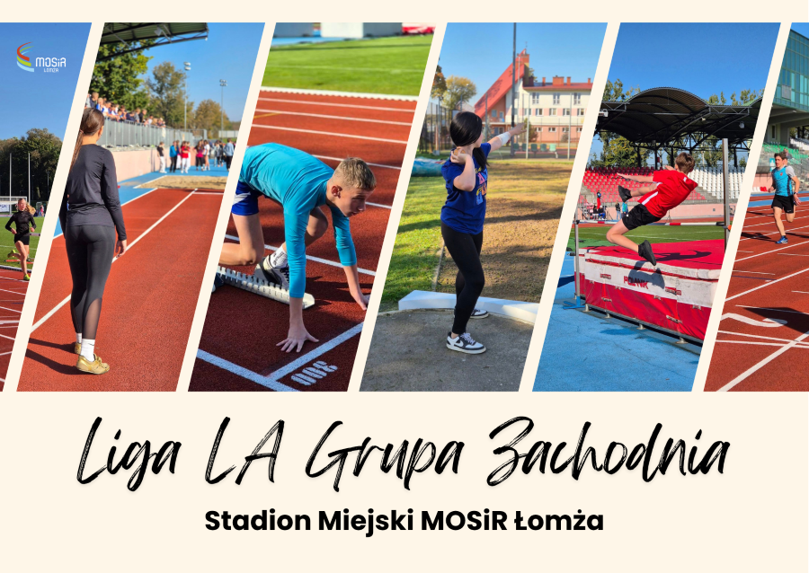 kolaż zdjęć zawodników Ligi LA Grupa Zachdnia- zdjęcia na stadionie miejskim, na bieżni, start, skok wzwyż, rzut kulą, osoby biegnące 