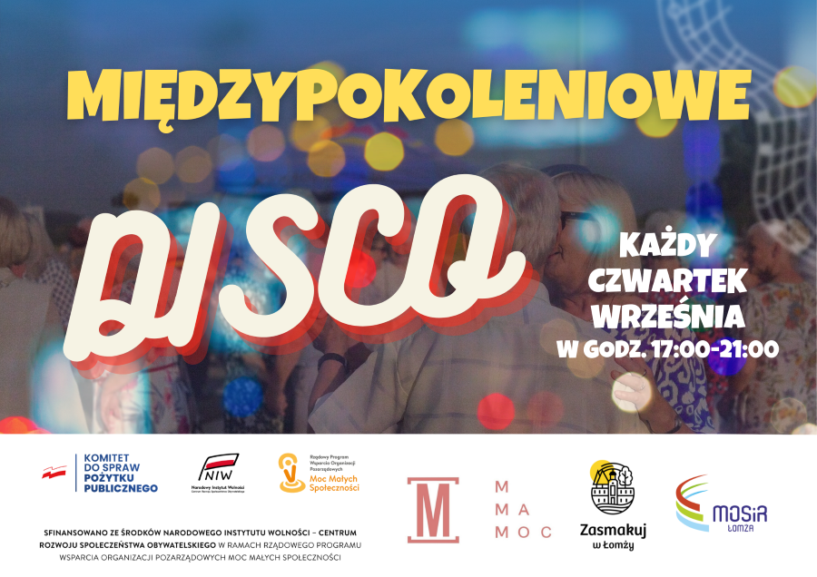 grafika zachęcająca do udziału w Międzypokoleniowym DISCO, w tle rozmyte zdjęcie tańczących osób