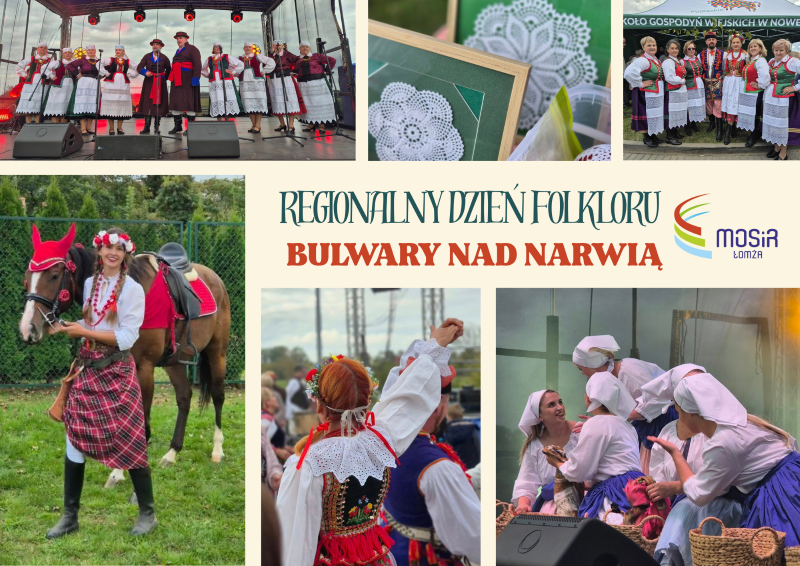 kolaż zdjęć- kobieta z koniem, zespół na scenie, kobiety w strojach folklorystycznych, koronka