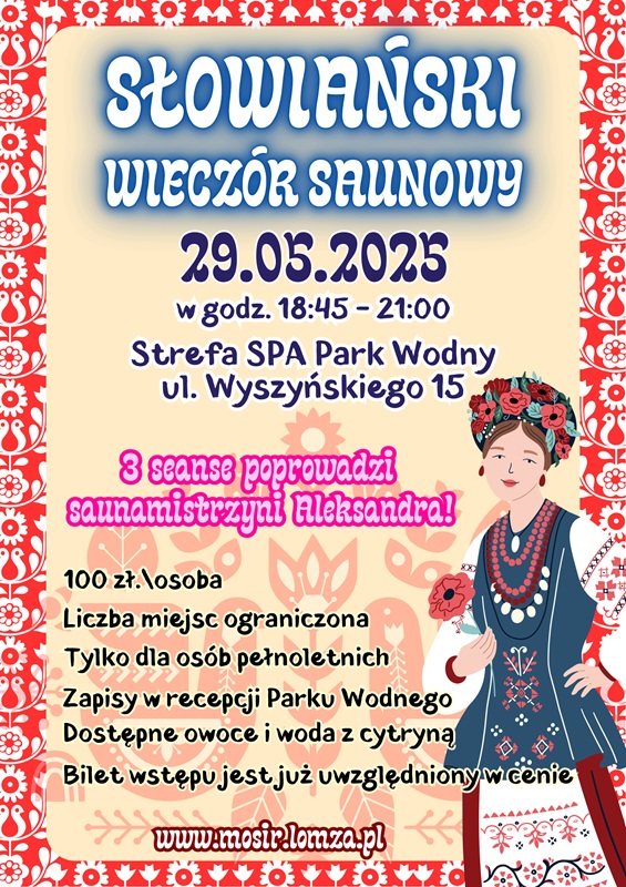 Plakat przedstawia informacje o Słowiańskim Wieczorze Saunowym. Jest grafika kobiety w stroju kurpiowskim.