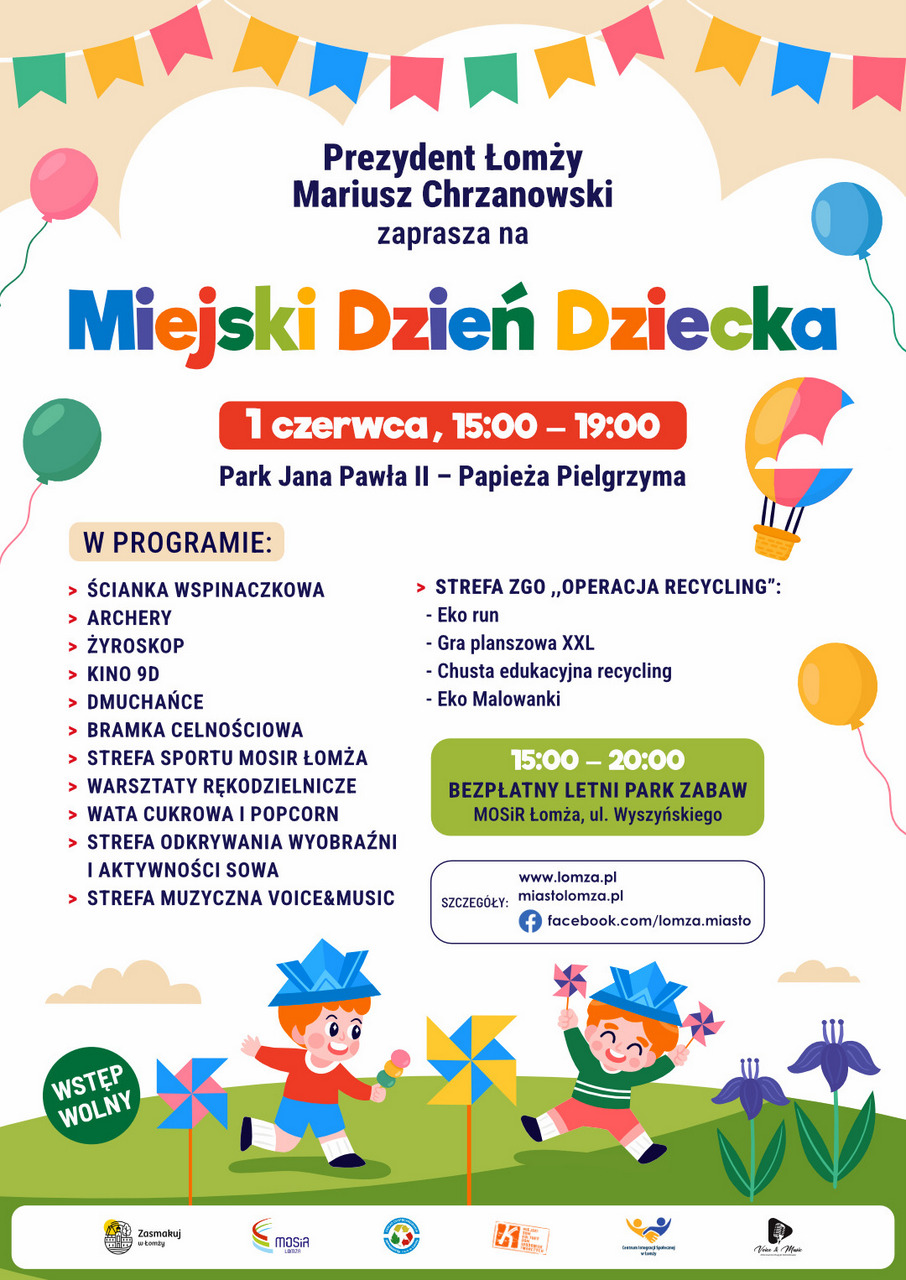 Plakat zachęcający do udziału w Miejskim Dniu Dziecka, grafika dzieci, wiatraczek, baloniki, trawa i kwiatki