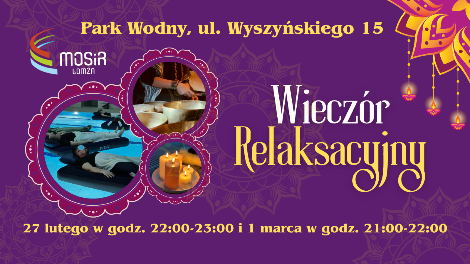 grafika osoby na materacu na basenie, świece, misy tybetańskie
