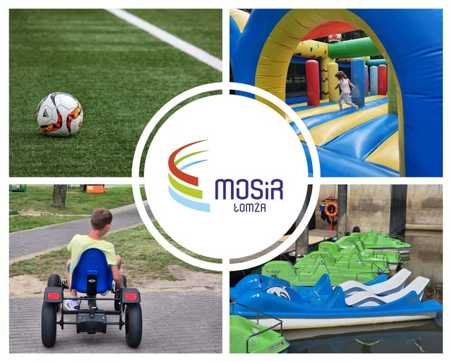 Grafika przedstawiająca piłkę, dmuchańce, gokart, rowerki wodne oraz logo MOSiR Łomża.