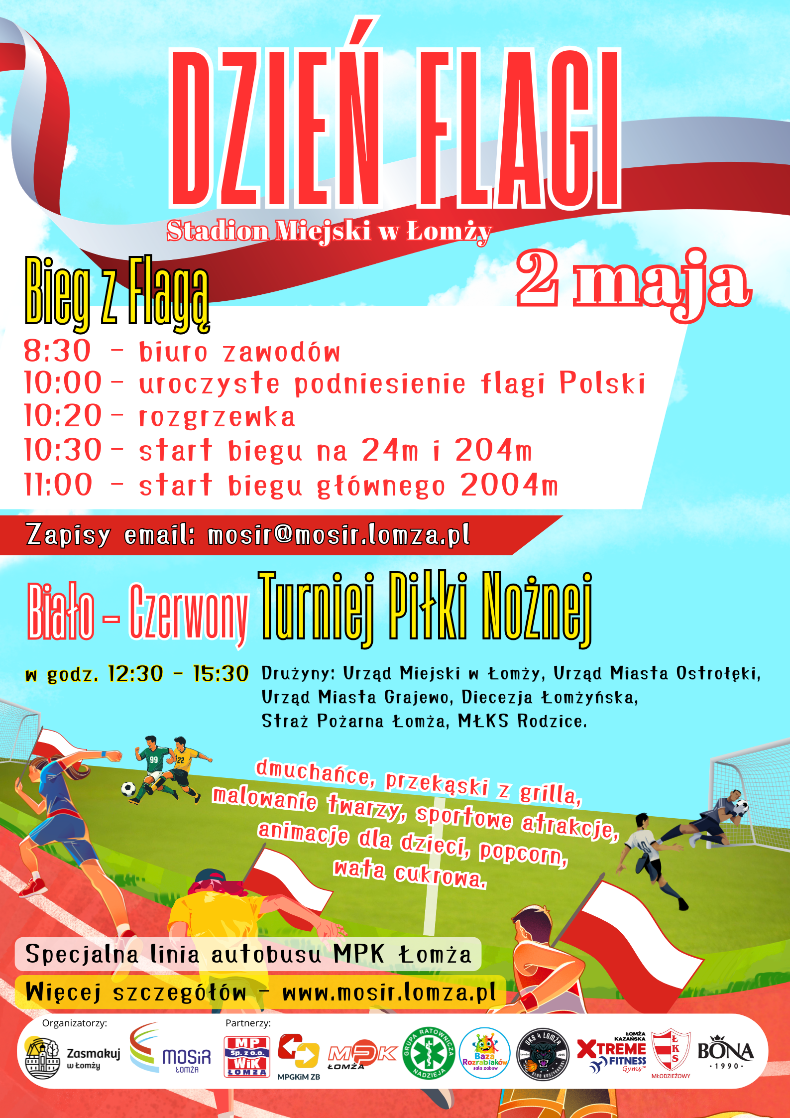 plakat zachęcający do udziału w biegu 2 maja z okazji Dnia Flagi RP, grafika niebo, zieleń i biegnące osoby z flagami RP