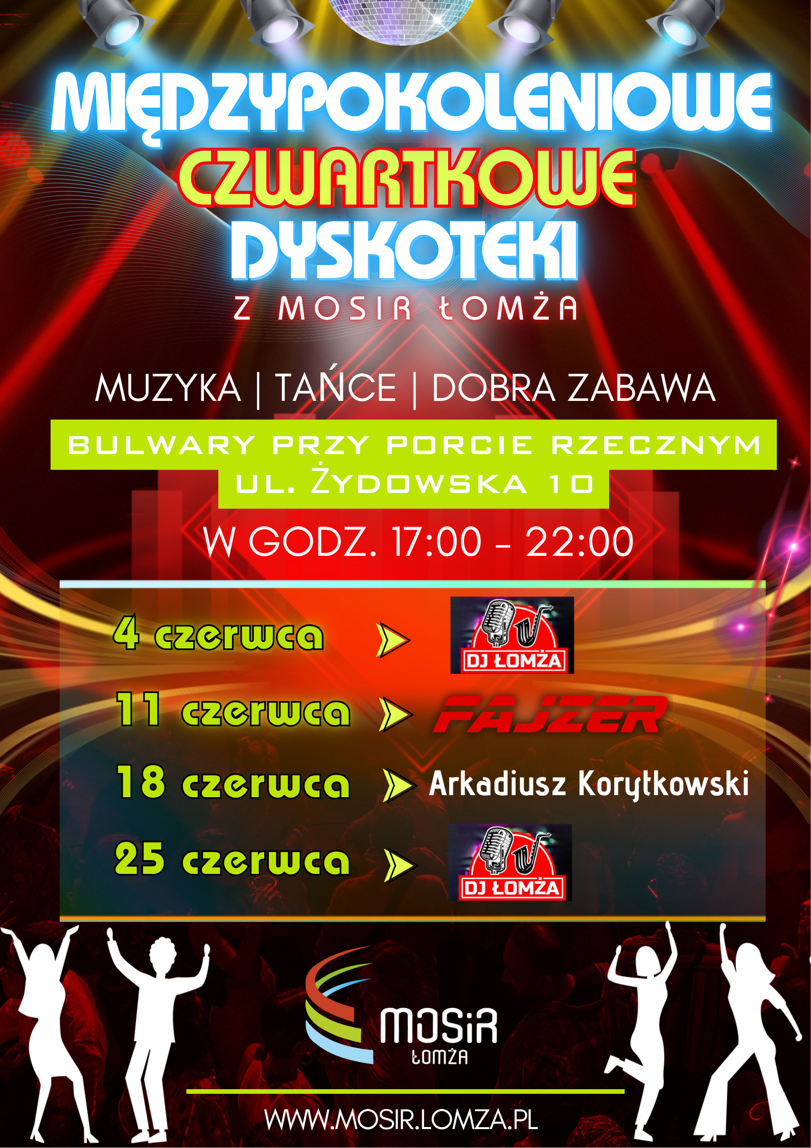 Plakat zachęcający do udziału w Międzypokoleniowych Dyskotekach, grafika tańczących ludzi, kolorofony