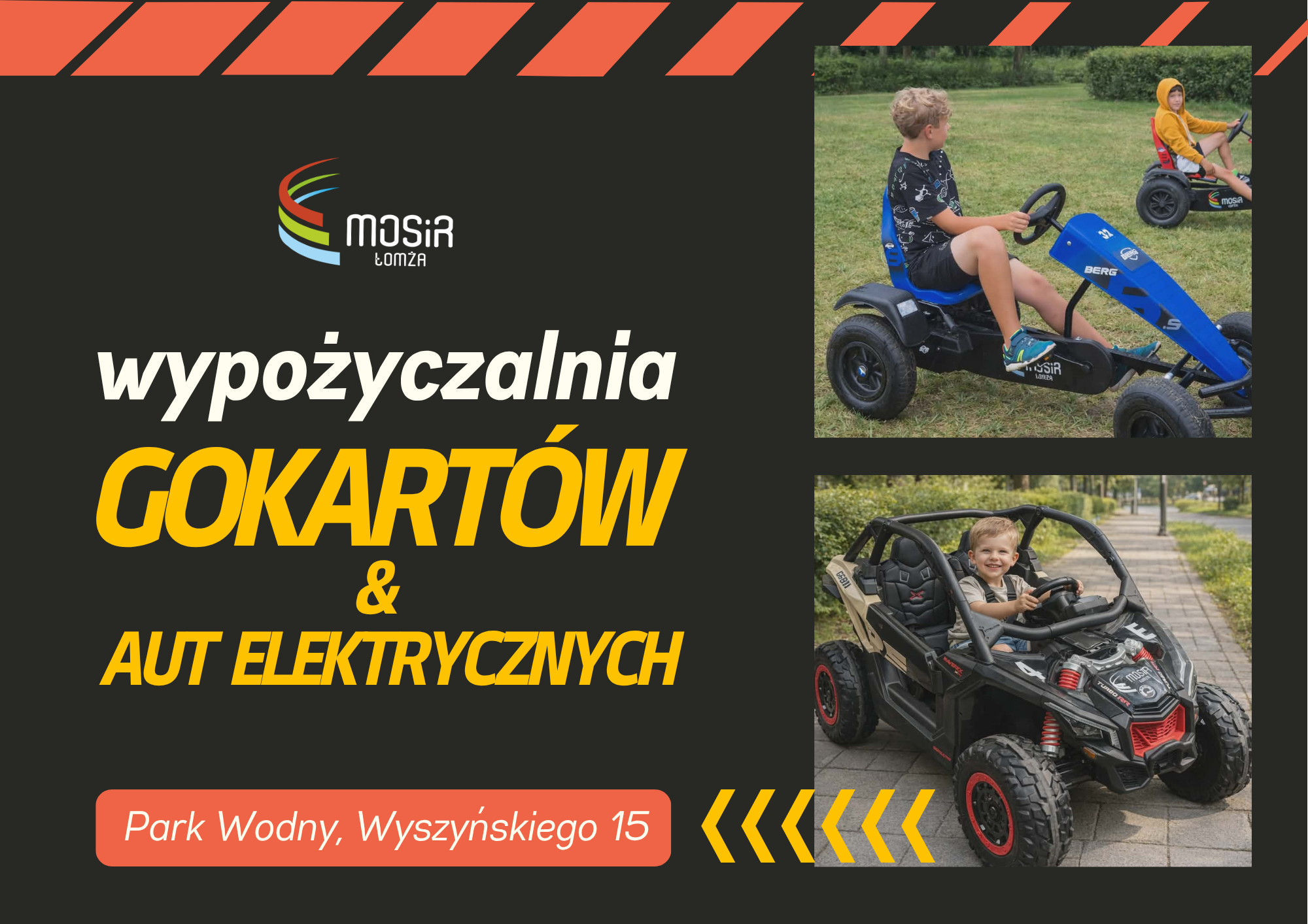 zdjęcie dzieci na gokarcie i autku elektrycznym na tle zieleni