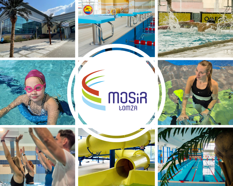kolaż zdjęć: budynek Parku Wodnego, osoby pływające w wodzie, zjeżdżalnia, palma, słupek do skoków do wody