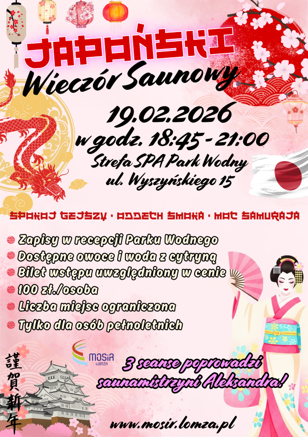 Plakat zachęcający do udziału w japońskim wieczorze saunowym, grafika gejsza, smok, japoński budynek, flaga Japonii