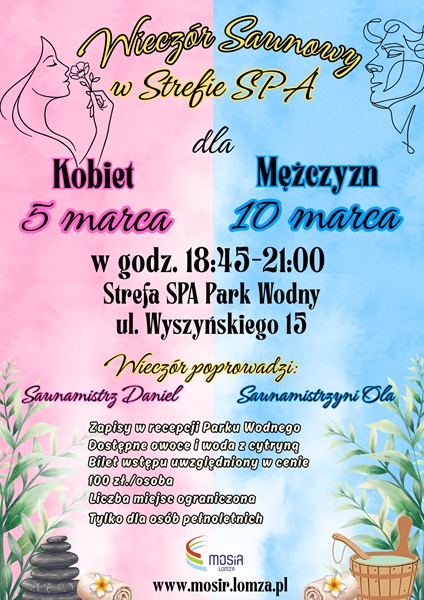 grafika twarz kobiety i twarz męska, kwiaty, zaproszenie na wieczór saunowy w Parku Wodnym