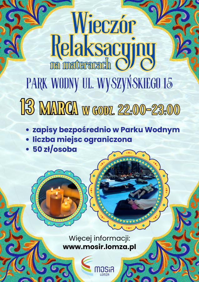 zdjęcie osób pływających na materacach na basenie, zdjęcie świeczki, plakat zachęcający do udziału w wieczorze relaksacyjnym