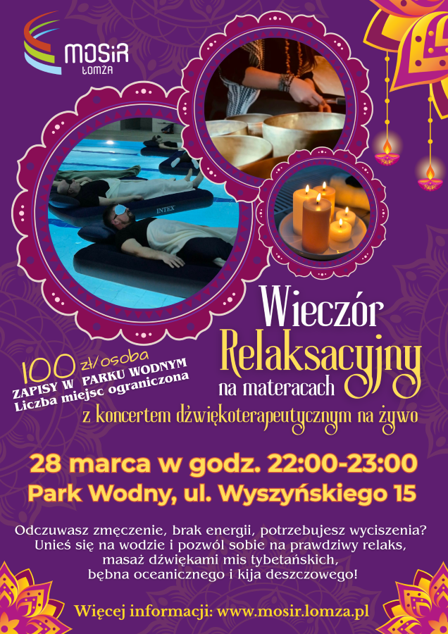 zdjęcie osób pływających na materacu na basenie, zdjęcie mis tybetańskich, zdjęcie śiec, grafika zachęcająca do udziału w wieczorze relaksacyjnym z koncertem