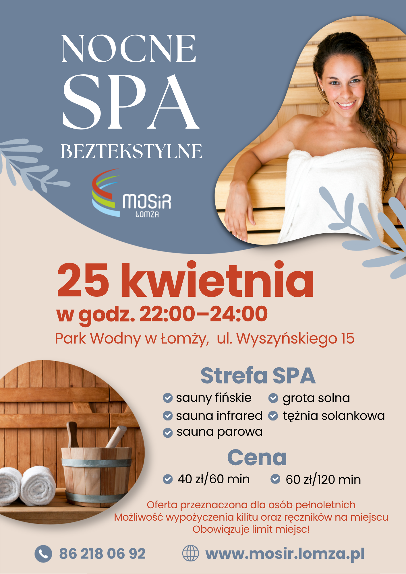 grafika przedstawiająca kobietę, sauna, plakat zachęcający do udziału w nocnym spa