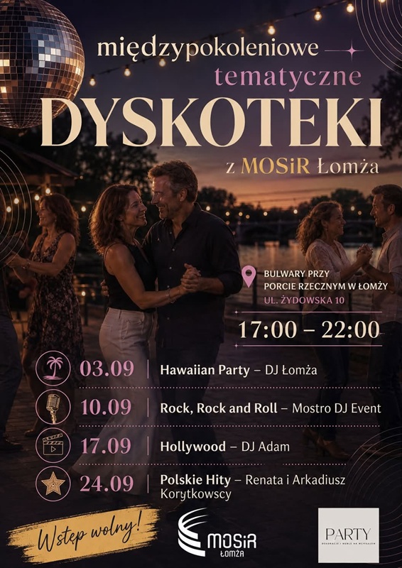 Plakat przedstawia informację o Międzypokoleniowych Dyskotekach we wrześniu. W tle tańczy para ludzi.