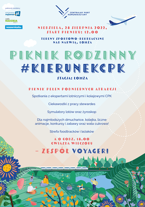 Plakat przedstawiaący napisy zachęcające do udziału w pikniku Centralnego Portu Komuniakcyjnego, grafika samolot, picąg, ludzie na zewnątrz, kwiaty